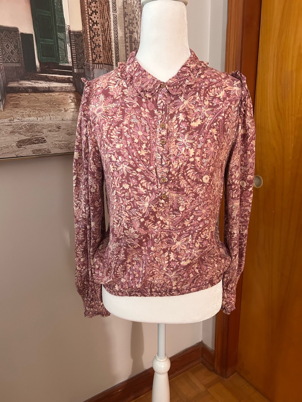 Lucky Brand Floral Button-Front Long-Sleeve Top - Mauve Floral Elastic Waist